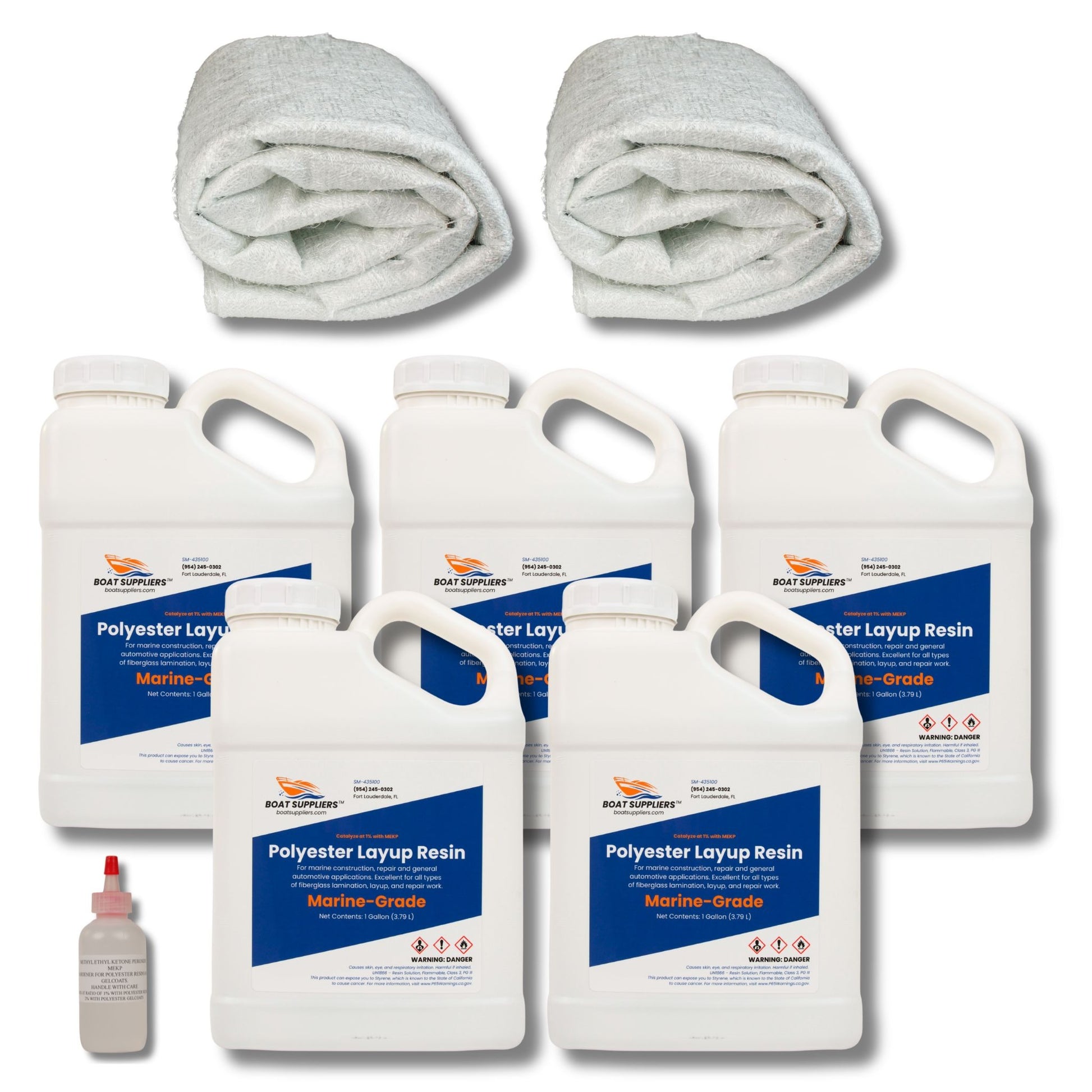 Boat building fiberglass kit: five gallons of Boat Suppliers marine-grade polyester layup resin, MEKP hardener, a 5 yard folded pack of 1.5oz chopped strand mat, and a 5 yard folded pack of 1708 biaxial fiberglass