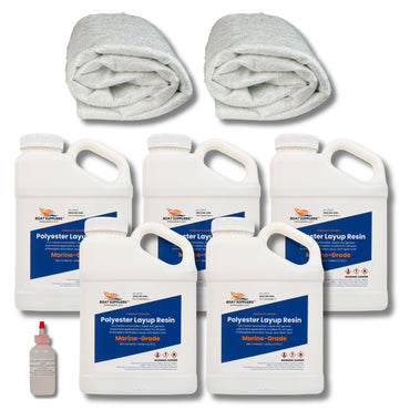 Boat building fiberglass kit: five gallons of Boat Suppliers marine-grade polyester layup resin, MEKP hardener, a 5 yard folded pack of 1.5oz chopped strand mat, and a 5 yard folded pack of 1708 biaxial fiberglass