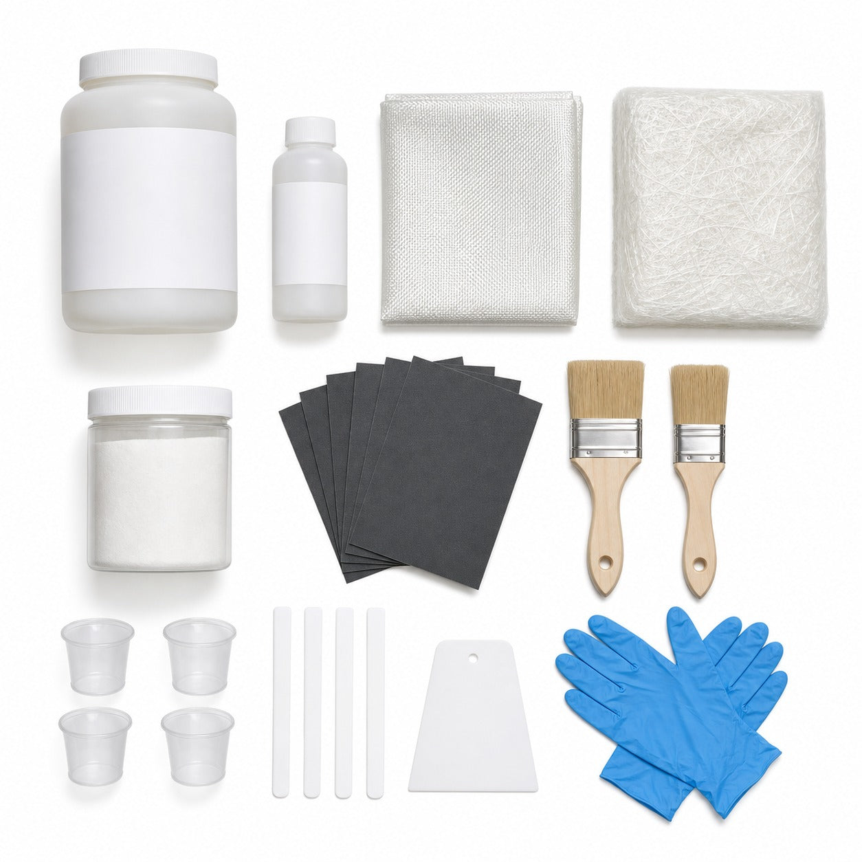 Complete fiberglass repair kit contents: quart of polyester resin with hardener, fiberglass cloth, chopped strand mat, fumed silica, sandpaper, brushes, mixing cups, sticks, spreader and gloves