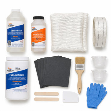 Kayak and canoe repair kit contents: two-part epoxy resin and hardener, folded 6oz fiberglass cloth, fiberglass tape roll, fumed silica, sandpaper, brush, mixing cups, sticks, spreader and gloves