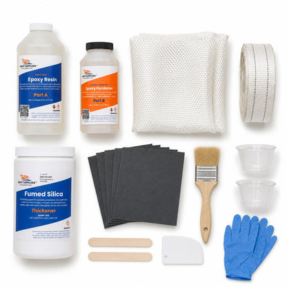 Kayak and canoe repair kit contents: two-part epoxy resin and hardener, folded 6oz fiberglass cloth, fiberglass tape roll, fumed silica, sandpaper, brush, mixing cups, sticks, spreader and gloves