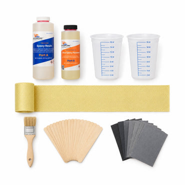 Canoe and kayak skid plate kit contents: 16 oz epoxy resin with 8 oz slow hardener, 6 inch Kevlar plain weave tape, pint mixing tubs, chip brush, wooden mixing sticks and sandpaper