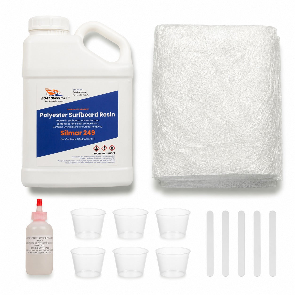 Fiberglass mat and resin kit: gallon of Boat Suppliers polyester resin with MEKP hardener, 5 yard folded pack of 1.5oz chopped strand mat, mixing cups and mixing sticks