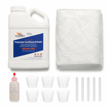 Fiberglass mat and resin kit: gallon of Boat Suppliers polyester resin with MEKP hardener, 5 yard folded pack of 1.5oz chopped strand mat, mixing cups and mixing sticks