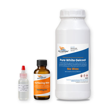 Pure White Gelcoat Finish Kit: quart of no-wax pure white gelcoat, MEKP hardener and a 2 oz bottle of surfacing wax