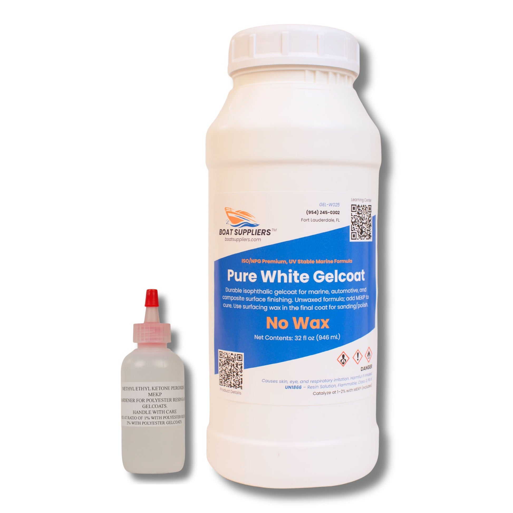 Pure White isophthalic gelcoat quart bottle, no-wax marine formula, with included MEKP hardener bottle alongside