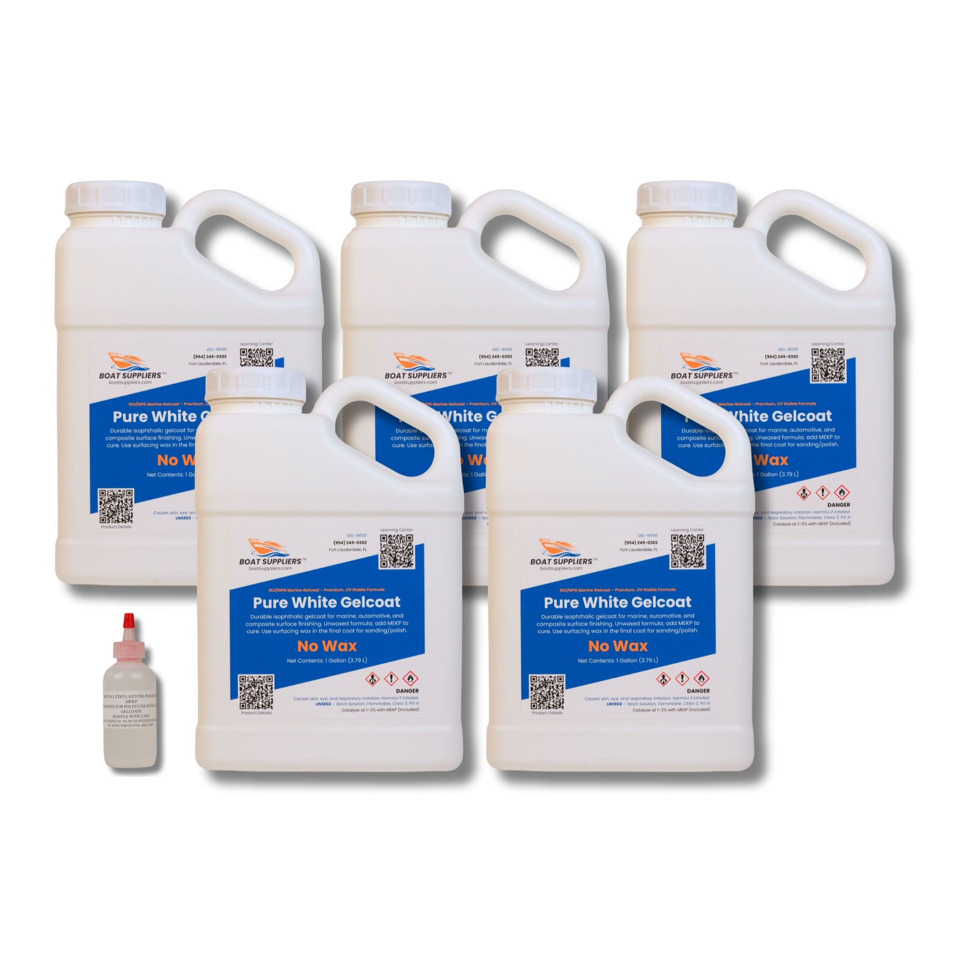 Five 1-gallon jugs of Pure White no-wax gelcoat making up the 5 gallon size, shown with one MEKP hardener bottle