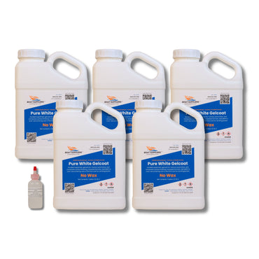 Five 1-gallon jugs of Pure White no-wax gelcoat making up the 5 gallon size, shown with one MEKP hardener bottle