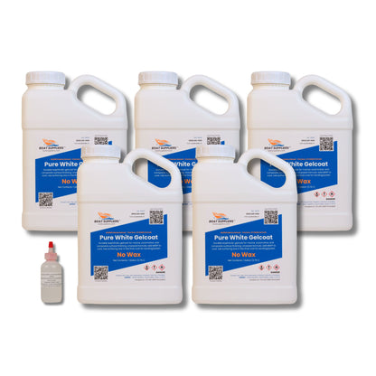 Five 1-gallon jugs of Pure White no-wax gelcoat making up the 5 gallon size, shown with one MEKP hardener bottle