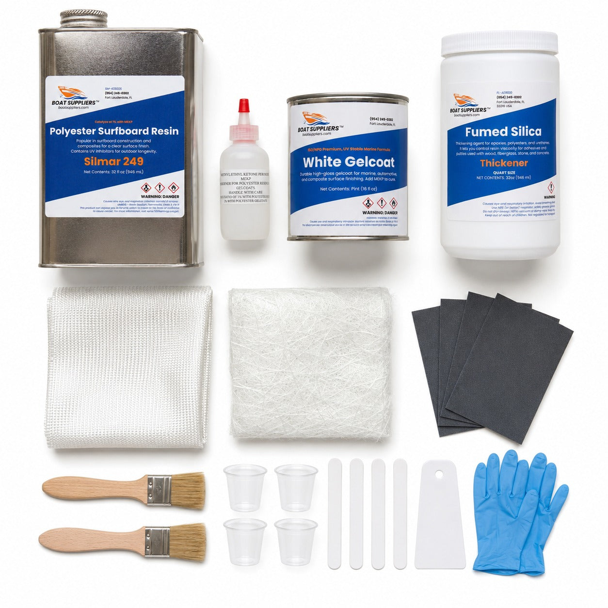 RV and camper fiberglass repair kit contents: quart of Boat Suppliers Silmar 249 polyester resin with MEKP hardener, pint of white gelcoat, fiberglass cloth, chopped strand mat, fumed silica, sandpaper, brushes, mixing cups, sticks, spreader and gloves