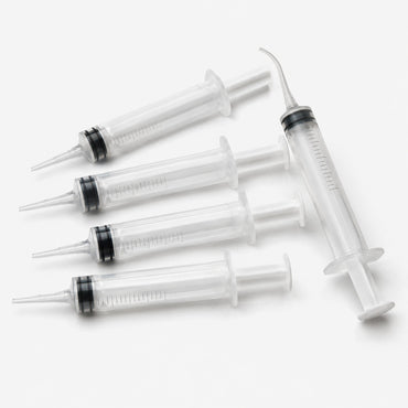 Clear graduated plastic dispensing syringes with taper tips for measuring and injecting epoxy, hardener and pigment