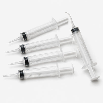 Clear graduated plastic dispensing syringes with taper tips for measuring and injecting epoxy, hardener and pigment