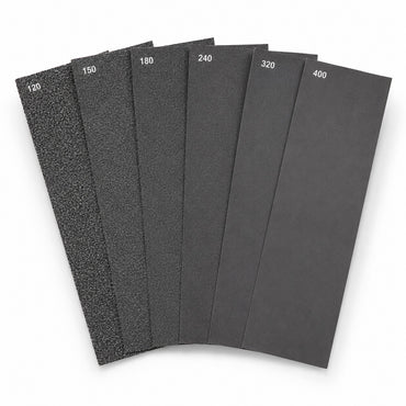 Prep and fair wet dry sandpaper pack, six sheets fanned showing 120 to 400 grit