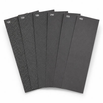 Prep and fair wet dry sandpaper pack, six sheets fanned showing 120 to 400 grit