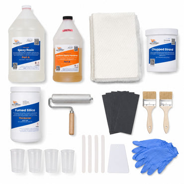 Transom repair kit contents: quart epoxy resin kit with medium hardener, 3 yards of 1708 biaxial fiberglass, chopped strand fibers, fumed silica, laminating roller, sandpaper, brushes, mixing cups, sticks, spreader and gloves