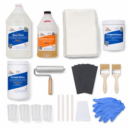 Transom repair kit contents: quart epoxy resin kit with medium hardener, 3 yards of 1708 biaxial fiberglass, chopped strand fibers, fumed silica, laminating roller, sandpaper, brushes, mixing cups, sticks, spreader and gloves