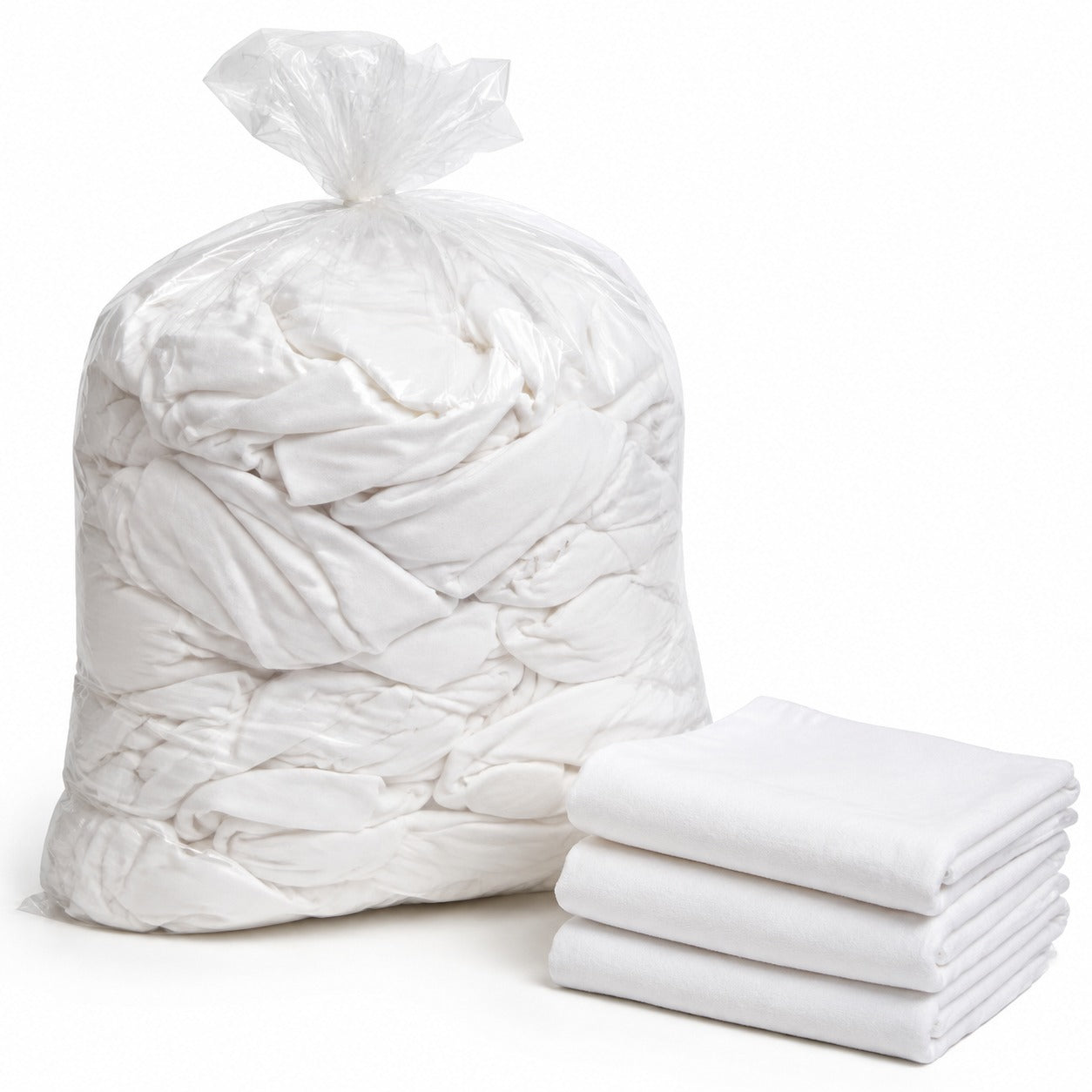 2 lb clear bag of white cotton knit wiping cloth rags for shop cleanup and acetone wipe downs, with folded rags stacked beside it