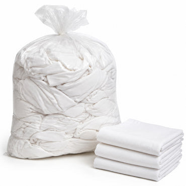 2 lb clear bag of white cotton knit wiping cloth rags for shop cleanup and acetone wipe downs, with folded rags stacked beside it