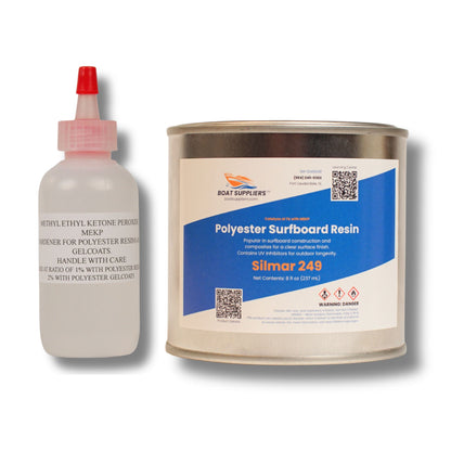 8 fl oz metal can of Silmar 249 polyester surfboard resin beside its MEKP hardener bottle, the clear resin starter kit with catalyst.