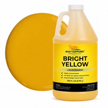 Bright Yellow liquid pigment 1 gallon jug beside a glossy bright yellow color swatch