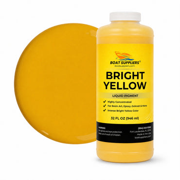 Bright Yellow liquid pigment quart bottle beside a glossy bright yellow color swatch