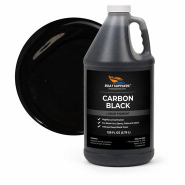 Carbon Black liquid pigment 1 gallon jug beside a glossy jet black color swatch