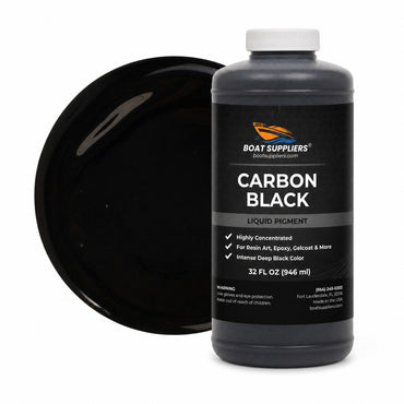 Carbon Black liquid pigment quart bottle beside a glossy jet black color swatch