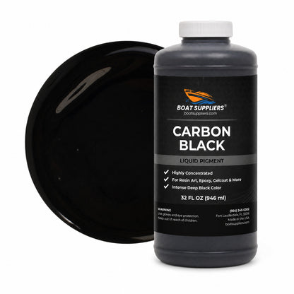 Carbon Black liquid pigment quart bottle beside a glossy jet black color swatch