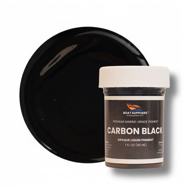 Carbon Black liquid pigment 1 oz jar with white cap next to a deep glossy black color swatch, opaque colorant for resin and gelcoat.