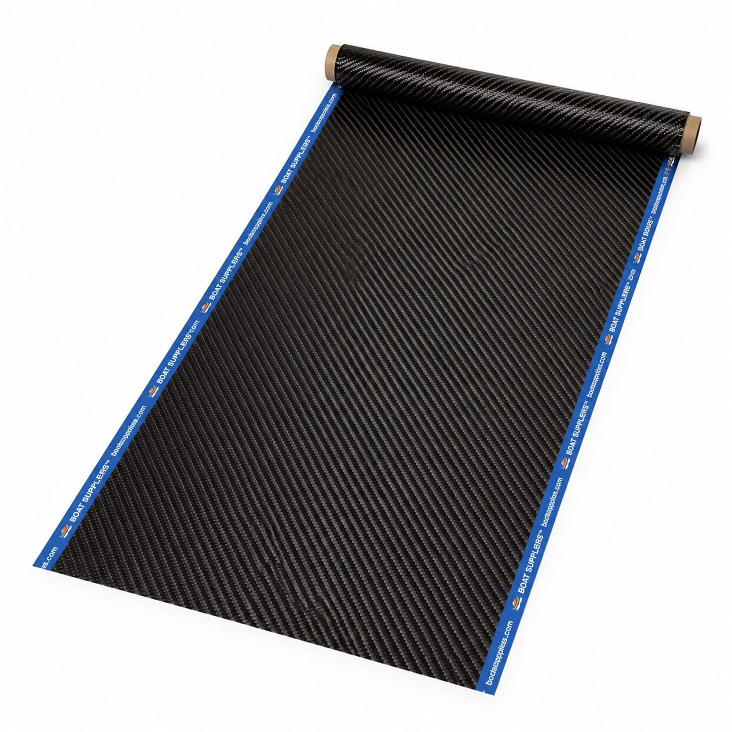 24 inch by 60 inch cut of 5.7oz 3K 2x2 twill carbon fiber unrolled diagonally, both long cut edges sealed with Boat Suppliers branded blue cut tape