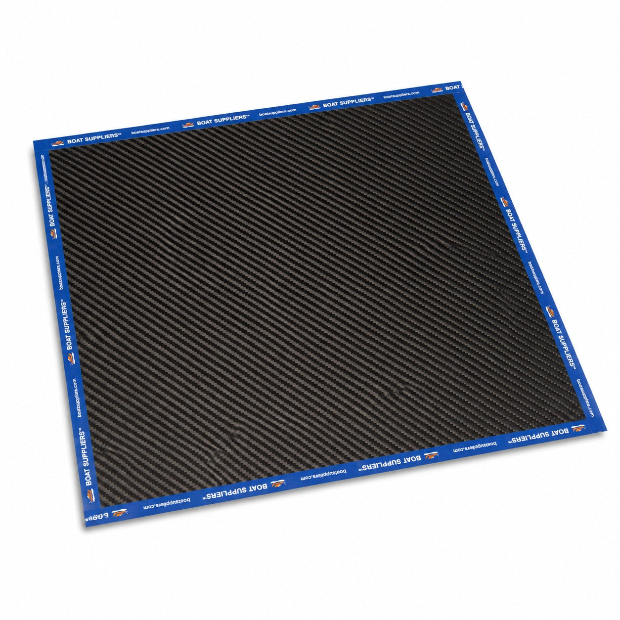 Single 12 inch by 12 inch square of 5.7oz 3K 2x2 twill carbon fiber lying flat, all four edges sealed with Boat Suppliers branded blue cut tape