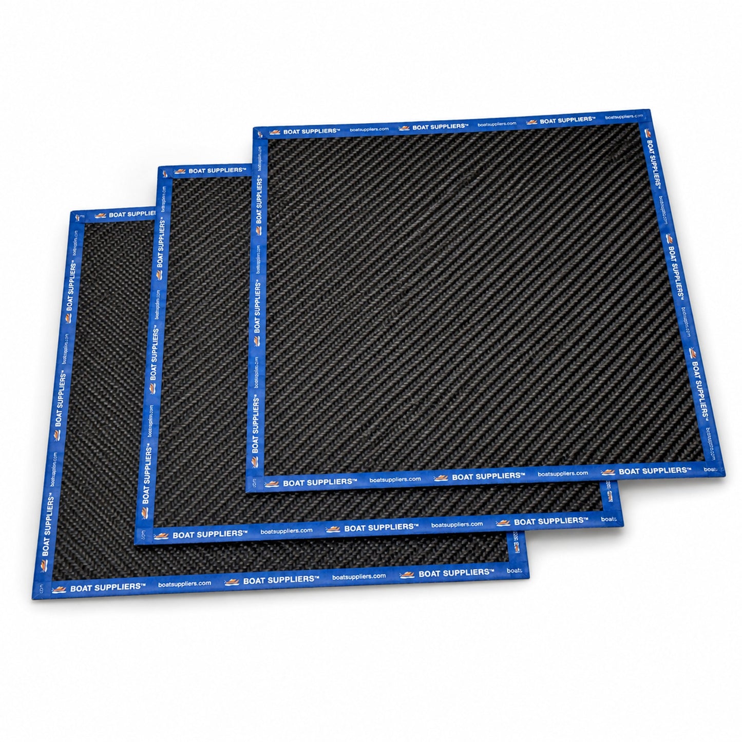 Three 12 inch by 12 inch squares of 5.7oz 3K 2x2 twill carbon fiber fanned in a cascade, every edge sealed with Boat Suppliers branded blue cut tape