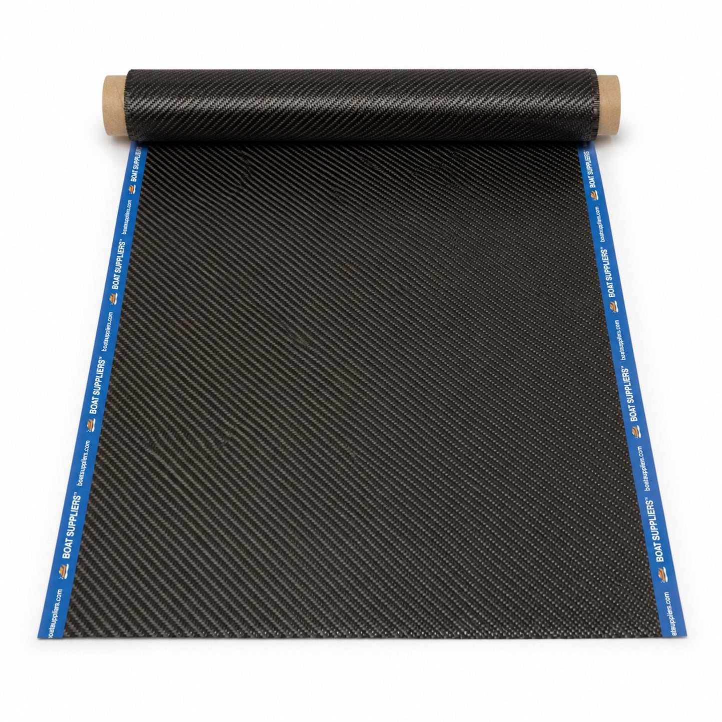 12 inch by 5 foot strip of 5.7oz 3K 2x2 twill carbon fiber unrolled from a kraft tube, both long cut edges sealed with Boat Suppliers branded blue cut tape printed with the logo and boatsuppliers.com