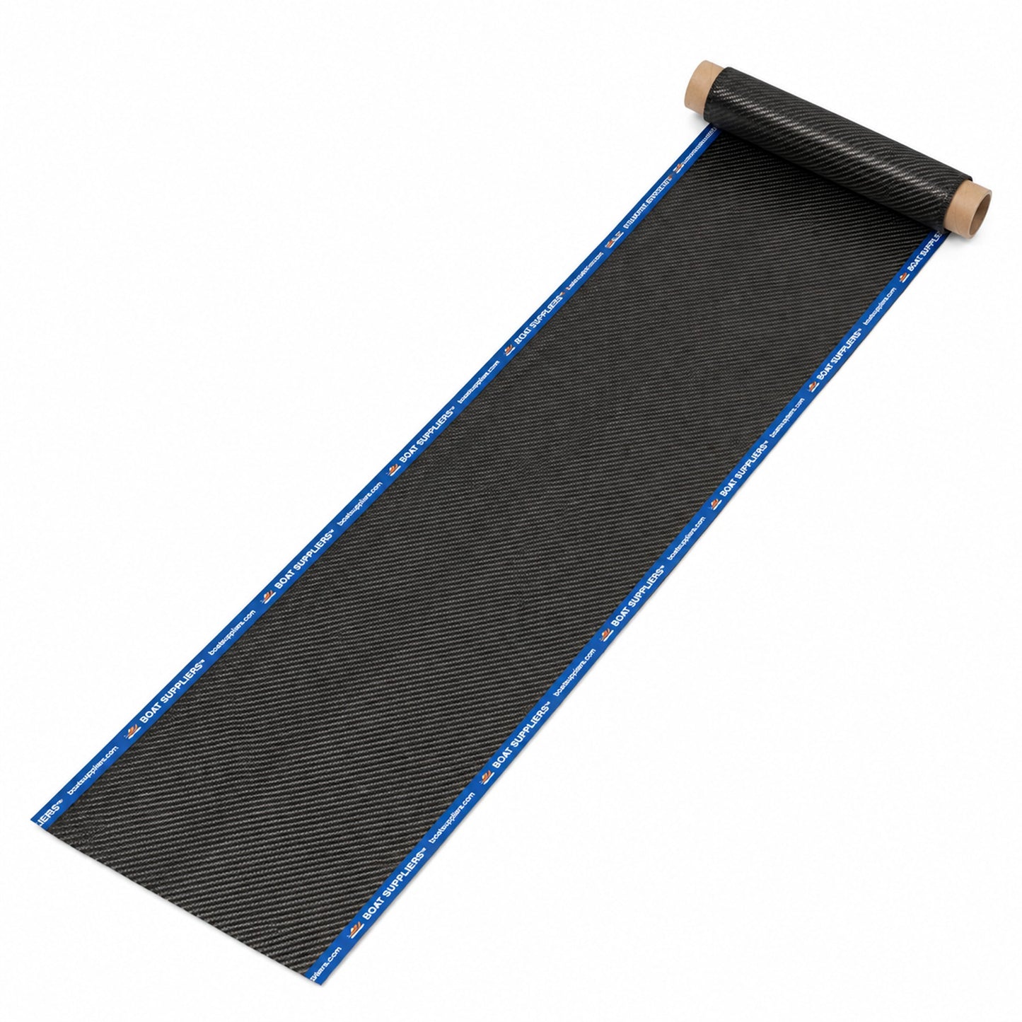 6 inch by 5 foot narrow strip of 5.7oz 3K 2x2 twill carbon fiber unrolled diagonally, both long cut edges sealed with Boat Suppliers branded blue cut tape
