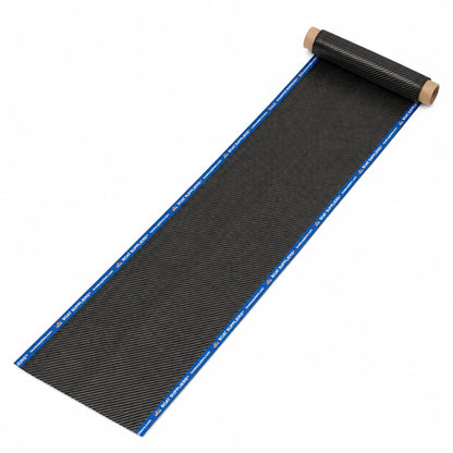 6 inch by 5 foot narrow strip of 5.7oz 3K 2x2 twill carbon fiber unrolled diagonally, both long cut edges sealed with Boat Suppliers branded blue cut tape