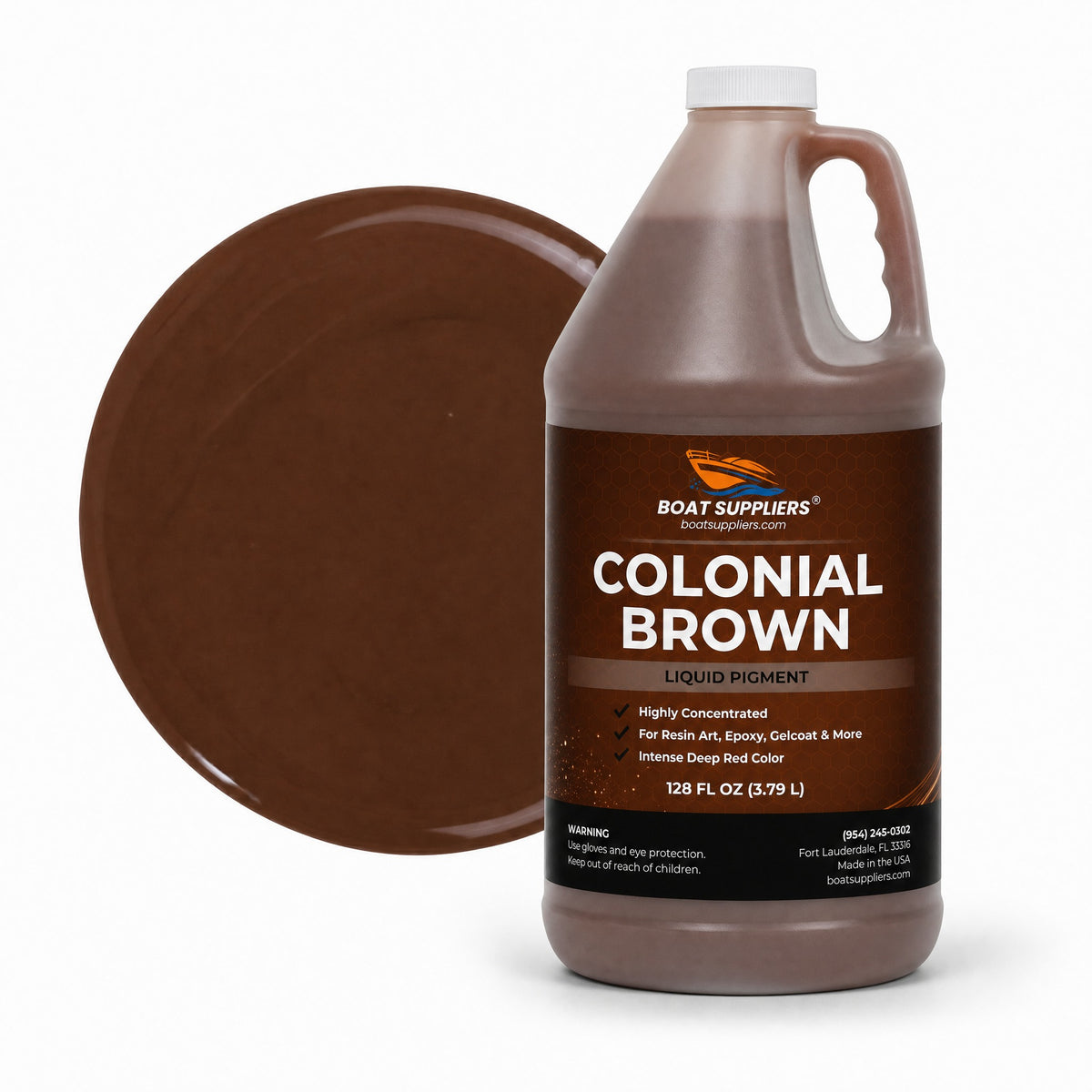 Colonial Brown liquid pigment 1 gallon jug beside a glossy chocolate brown color swatch