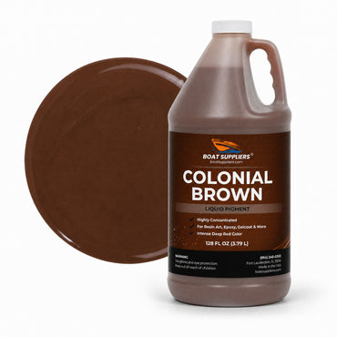 Colonial Brown liquid pigment 1 gallon jug beside a glossy chocolate brown color swatch