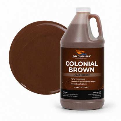 Colonial Brown liquid pigment 1 gallon jug beside a glossy chocolate brown color swatch