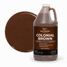 Colonial Brown liquid pigment 1 gallon jug beside a glossy chocolate brown color swatch
