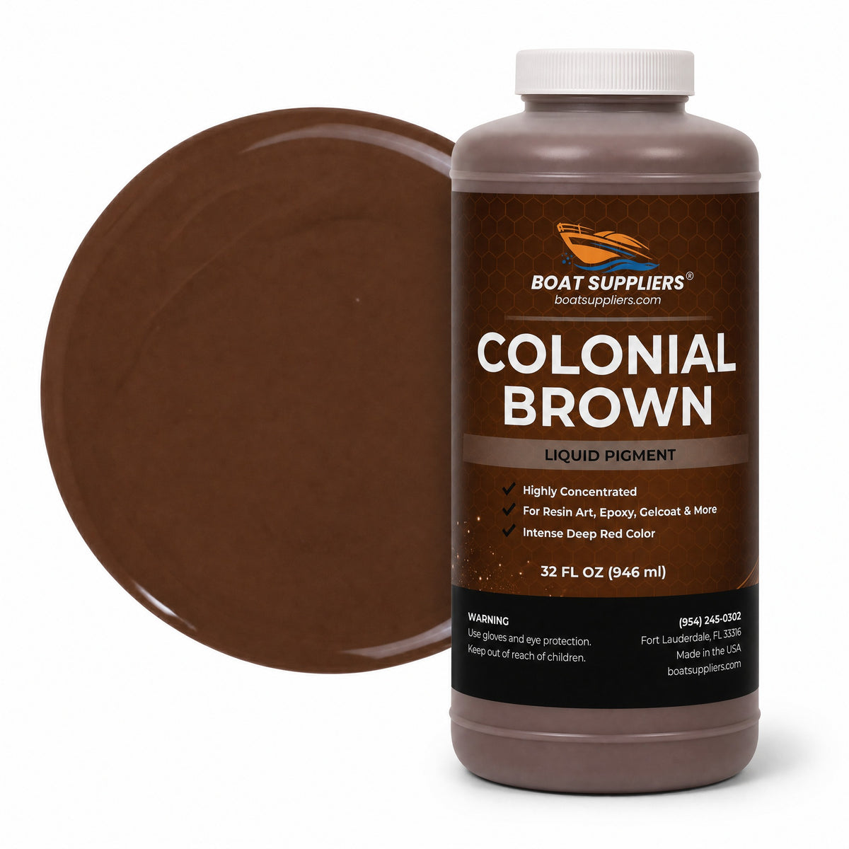 Colonial Brown liquid pigment quart bottle beside a glossy chocolate brown color swatch