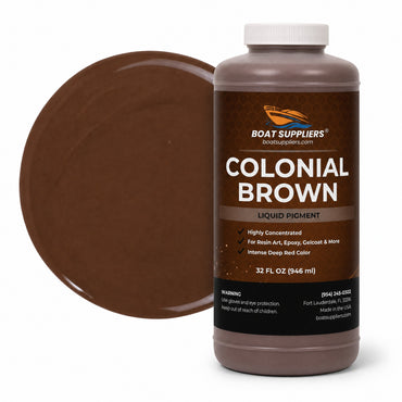 Colonial Brown liquid pigment quart bottle beside a glossy chocolate brown color swatch
