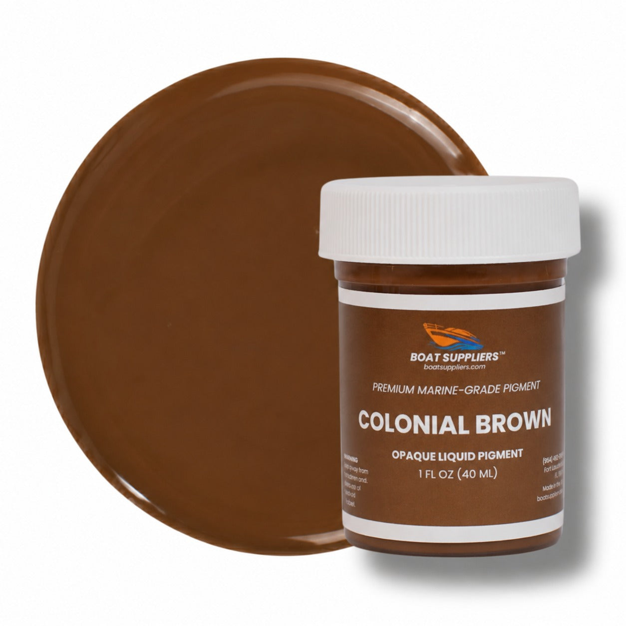 Colonial Brown liquid pigment 1 oz jar beside a glossy brown cured color swatch