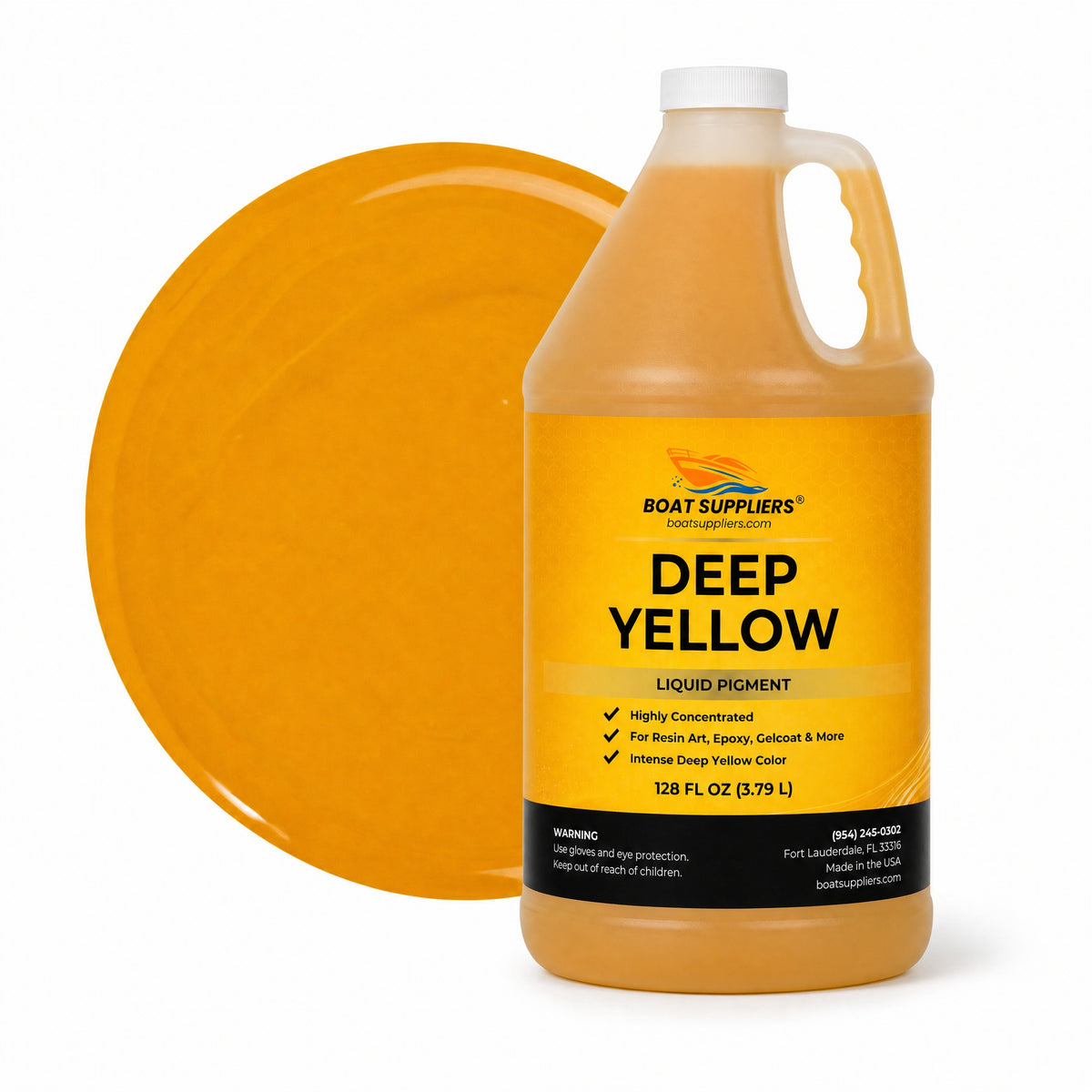 Deep Yellow liquid pigment 1 gallon jug beside a glossy golden amber-yellow color swatch