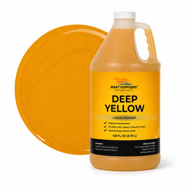 Deep Yellow liquid pigment 1 gallon jug beside a glossy golden amber-yellow color swatch