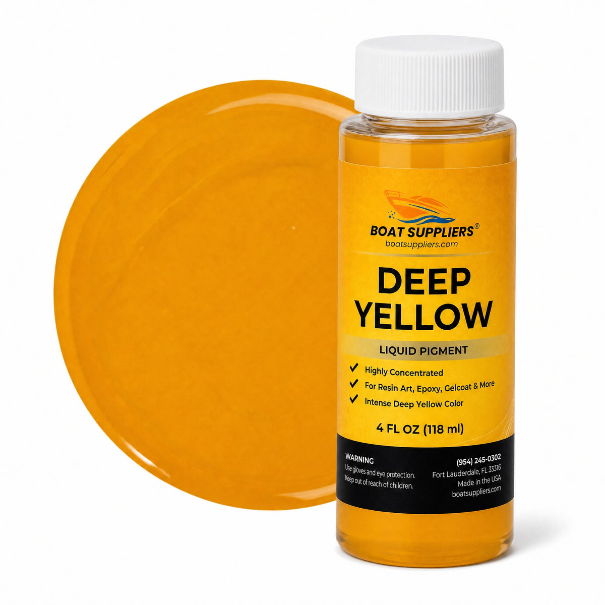 Deep Yellow liquid pigment 4 oz bottle beside a glossy golden amber-yellow color swatch