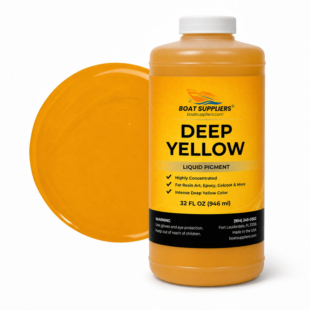 Deep Yellow liquid pigment quart bottle beside a glossy golden amber-yellow color swatch