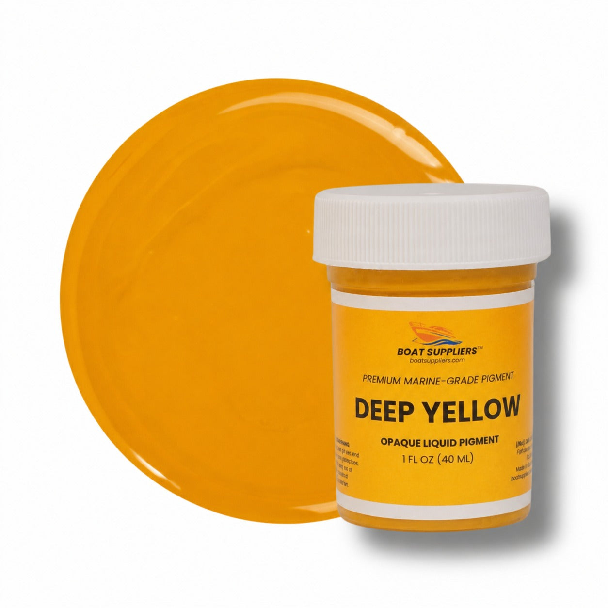 Deep Yellow liquid pigment 1 oz jar beside a golden yellow cured color swatch