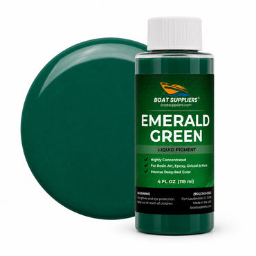 Emerald Green liquid pigment 4 oz bottle beside a glossy emerald green color swatch