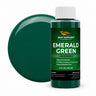 Emerald Green liquid pigment 4 oz bottle beside a glossy emerald green color swatch