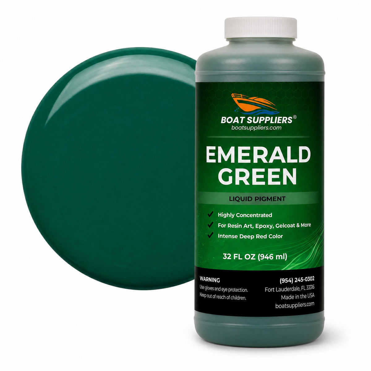 Emerald Green liquid pigment quart bottle beside a glossy emerald green color swatch